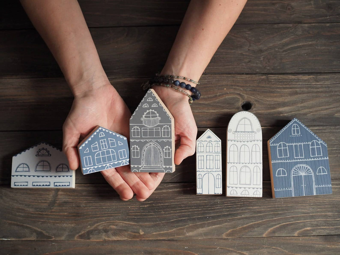 Navy houses hand painted wooden village, miniature houses