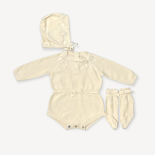 Milan Pointelle Knit Baby Girl Bodysuit 3pc SET (Organic): 0-3M / Cream